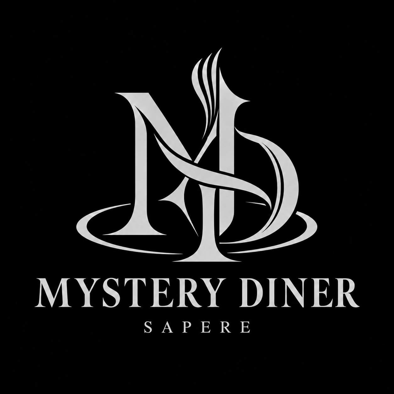 Mystery Diner silver MD monogram with subtle fork, glass and plate details. Sapere.